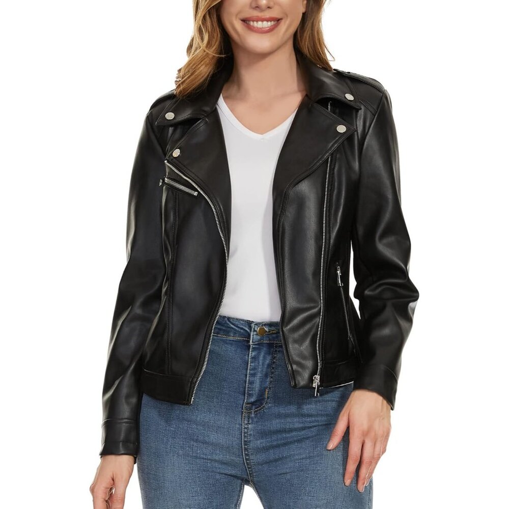 Women's Ja-black Faux Leather Jacket Vegan Biker Vintage Design Imported Coat